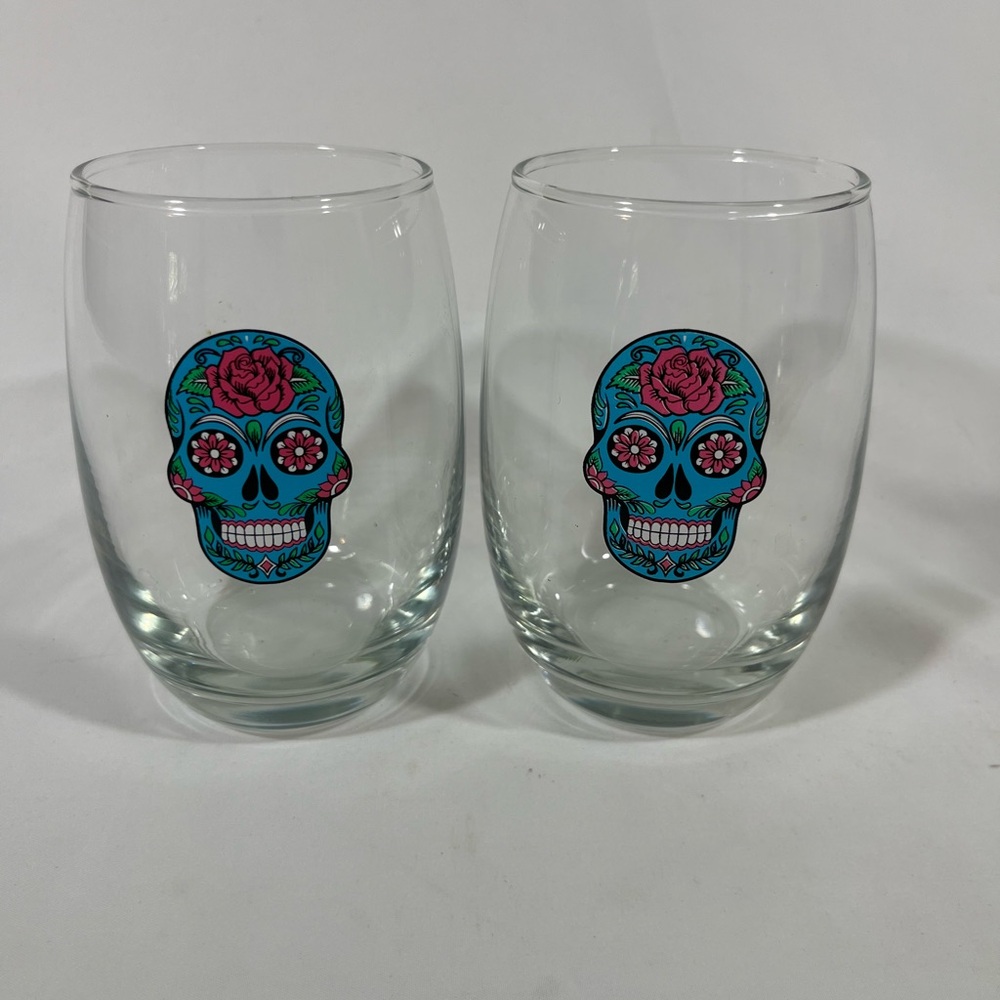 SUGAR SKULL DAY OF THE DAY HALLOWEEN‎ 5” STEMLESS WINE GLASSES SET 2 BLUE PREOWN